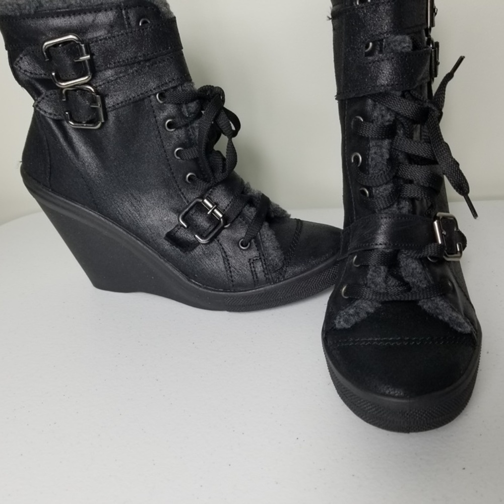 TopShop Faux Leather Lace Up Wedge Ankle Boots
